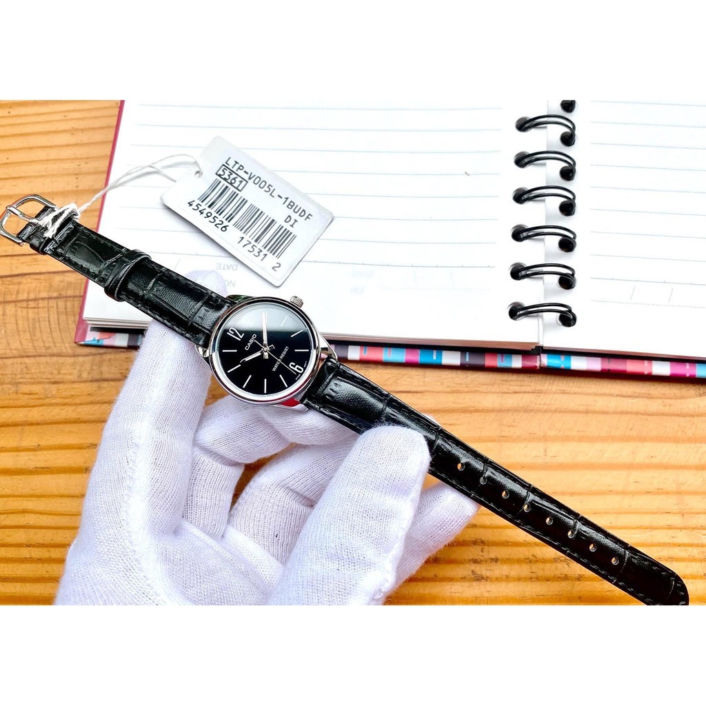 Đồng hồ Nữ dây da Casio Standard LTP-V005L-1BUDF chính hãng Anh Khuê mặt đen sang trọng