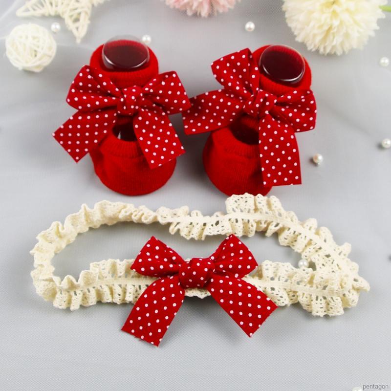 Đôi vớ cotton cổ cao + băng đô nơ dễ thương cho bé gái