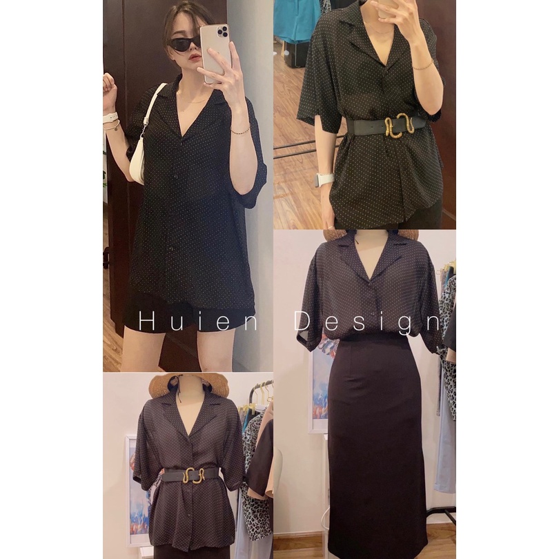 Áo sơ mi chấm bi đen vải mát, dễ mặc, siêu xinh cho chị em diện đi chơi, đi làm, du lịch