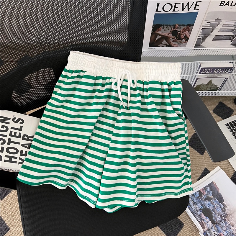 SUXI Set Áo Thun Ngắn Tay Cổ Tròn + Quần Short Ống Rộng Họa Tiết Kẻ Sọc Thời Trang Nữ