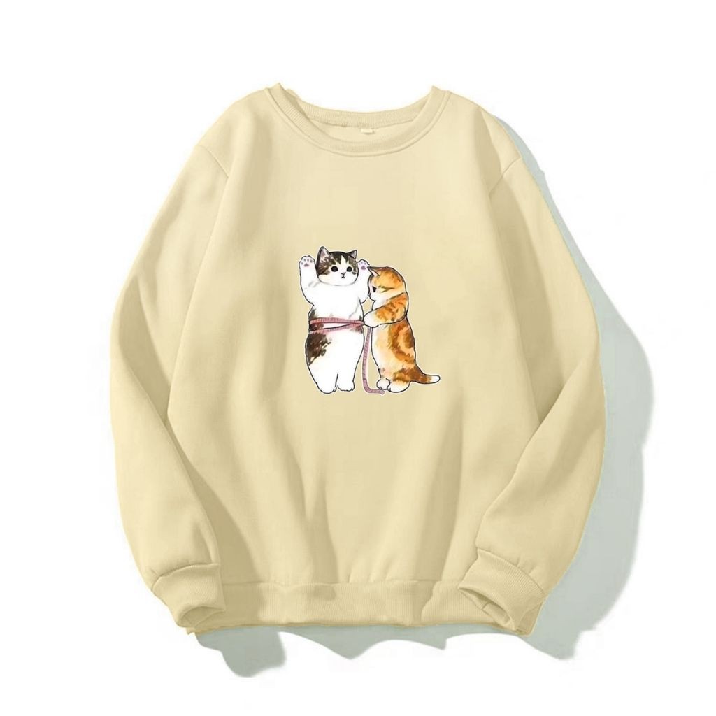 ÁO SWEATER NỈ UNISEX IN CẶP ĐÔI MÈO BUỘT DÂY SIÊU DỄ THƯƠNG ÁO NỈ TAY DÀI FORM NAM NỮ ĐỀU MẶC ĐƯỢC