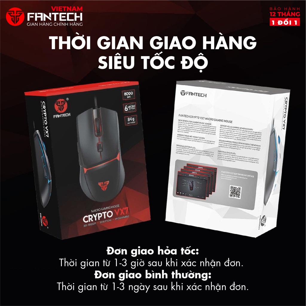 Chuột Macro Gaming Fantech VX7 Crypto Màu đen trắng 6D RGB. DPI 200 đến 8000 - Hãng phân phối chính thức