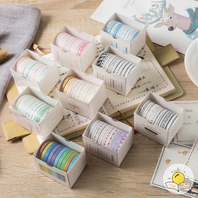 Set 10 cuộn washi tape dễ thương dán sổ tay, bullet journal nhiều mẫu WA06