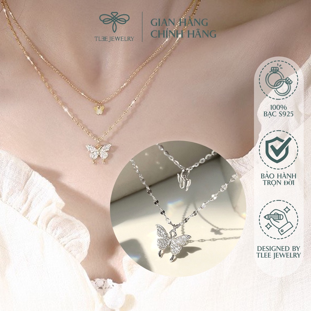 Dây chuyền bạc nữ TLEE hồ điệp kép nạm đá sang trọng NCJ D0110