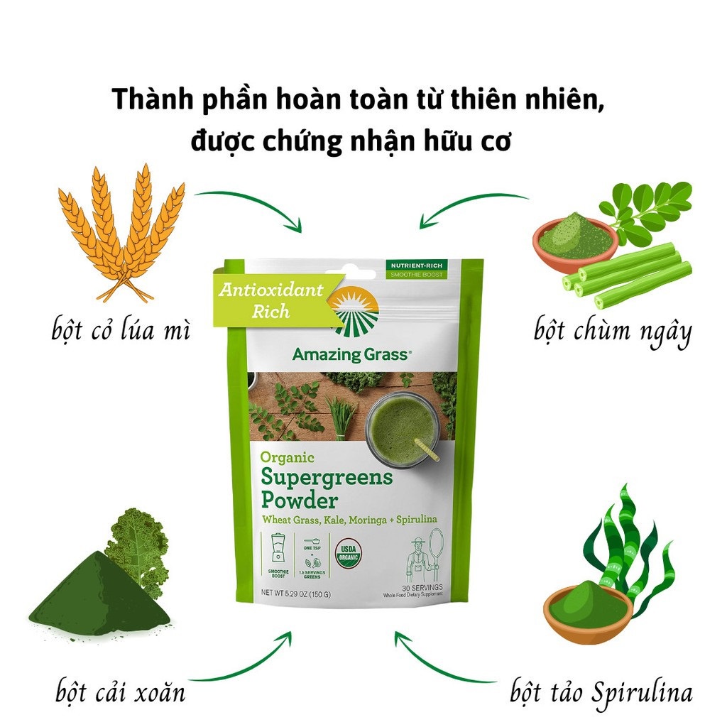 Bột Sinh Tố Rau Hữu Cơ Amazing Grass Organic SuperGreens Powder 150gr