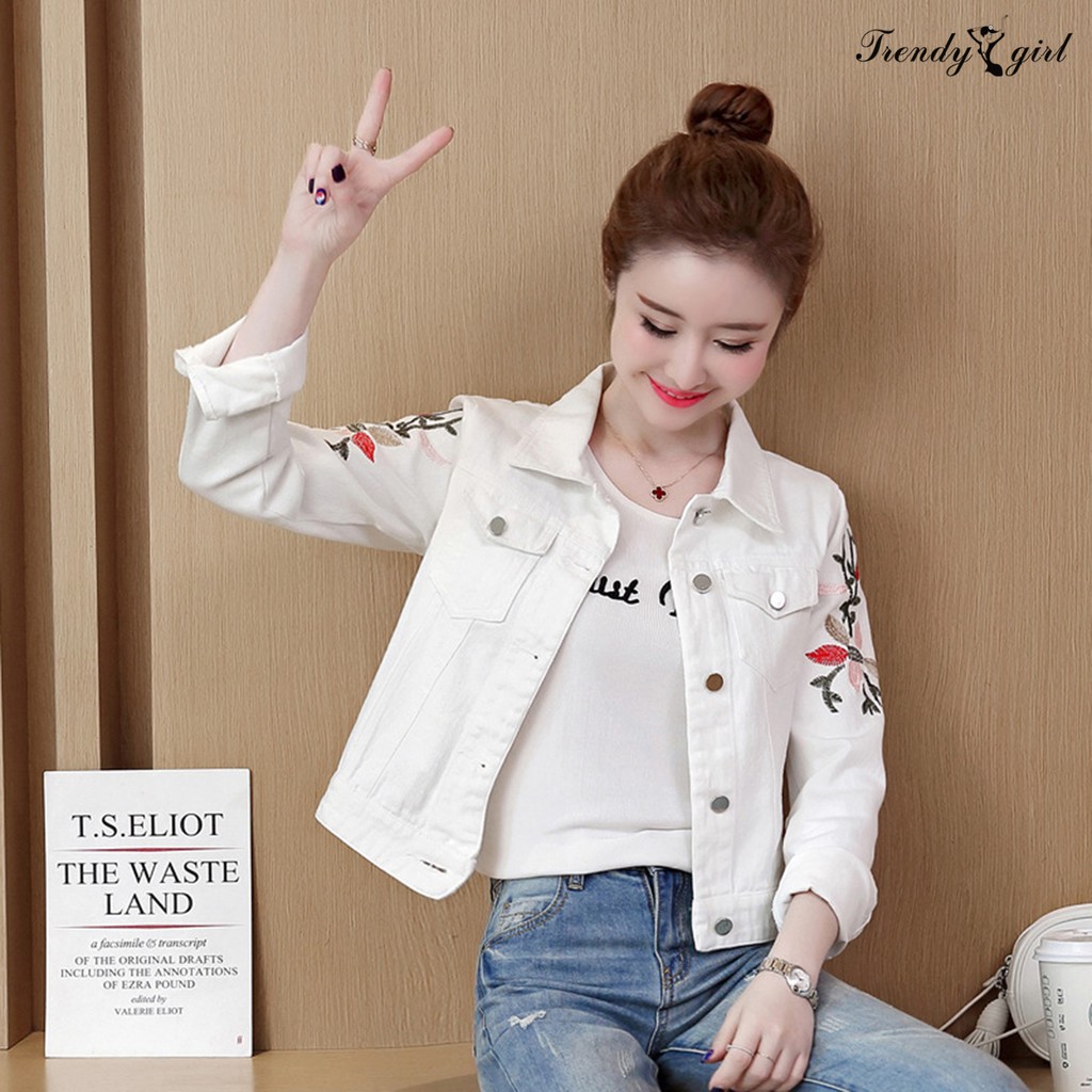 Áo Khoác Jean Nữ Tay Dài Thêu Hoa