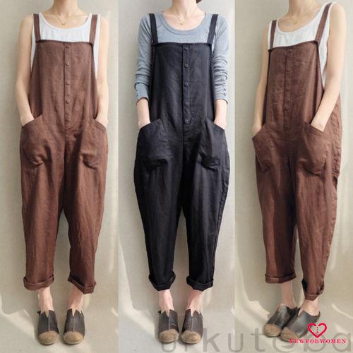NFW♥Womens Loose Cotton Linen Strappy Jumpsuit Overalls Casual Long Harem Trousers with Pockets