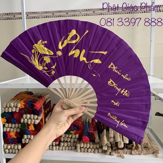 Quạt Tay vải lụa chữ Thư Pháp ( size trung nhiều màu)