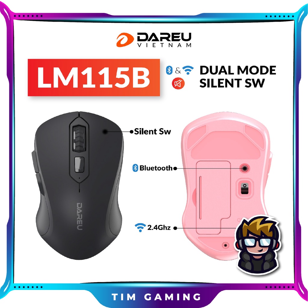 Chuột không dây DAREU LM115B hàng chính hãng (Dual Mode: Bluetooth + 2.4G - Silent SW)