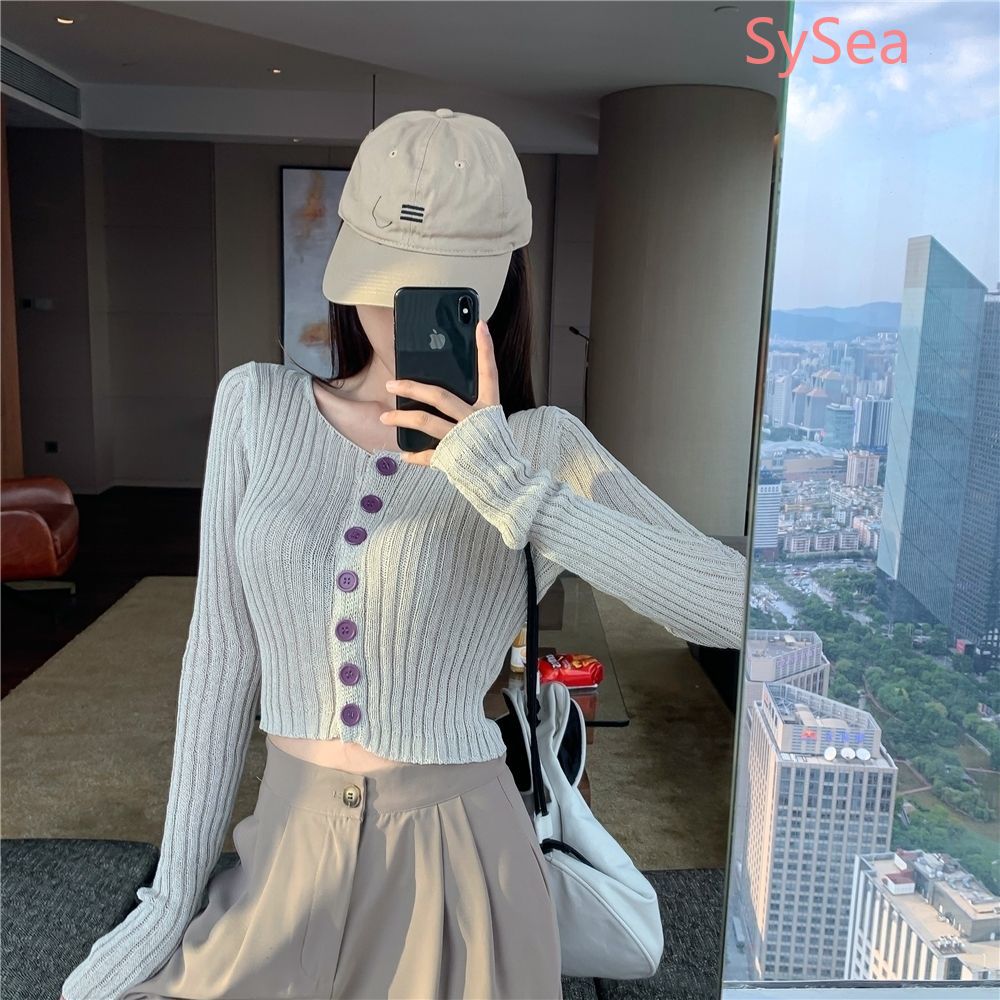 Áo Croptop Dệt Kim Tay Dài Thời Trang Mùa Hè Cho Nữ