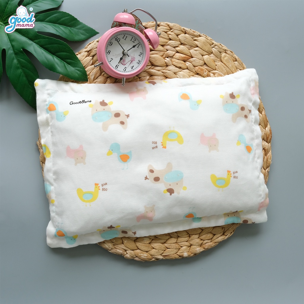 Gối Bông Sơ Sinh Cho Bé Goodmama vỏ xô sợi tre, bông microfiber kháng khuẩn tự nhiên