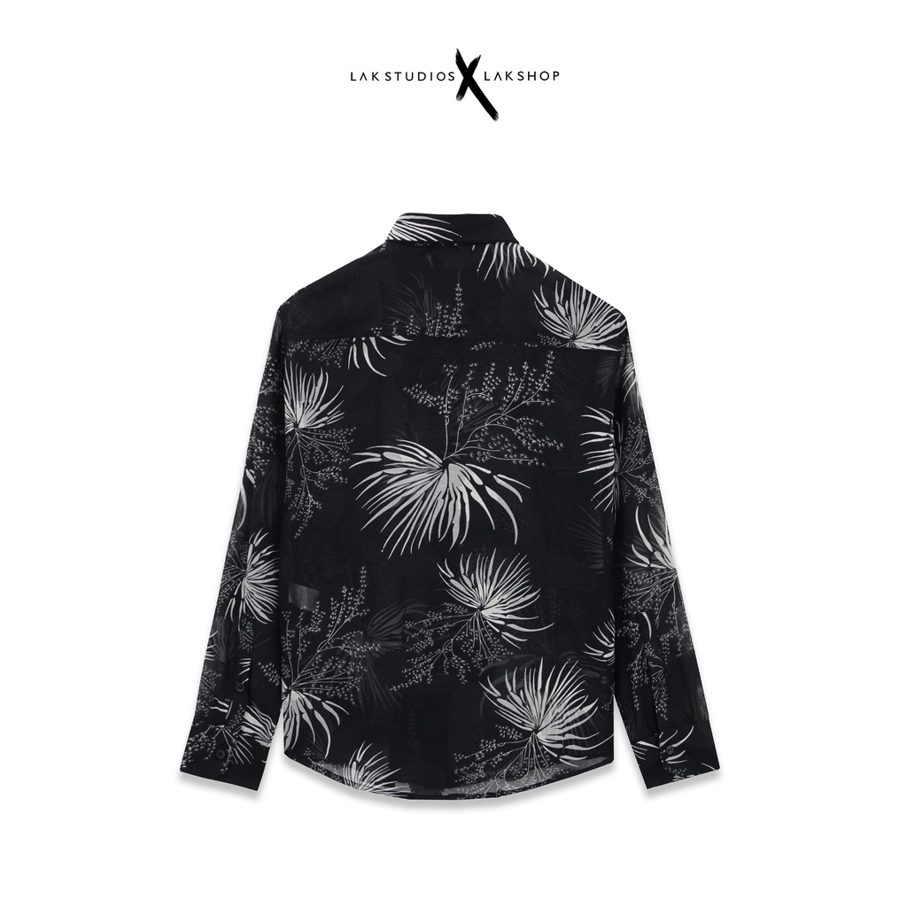 Áo sơmi xuyên thấu Lak Studios Fan Palm x Paisley Black Silk Shirt