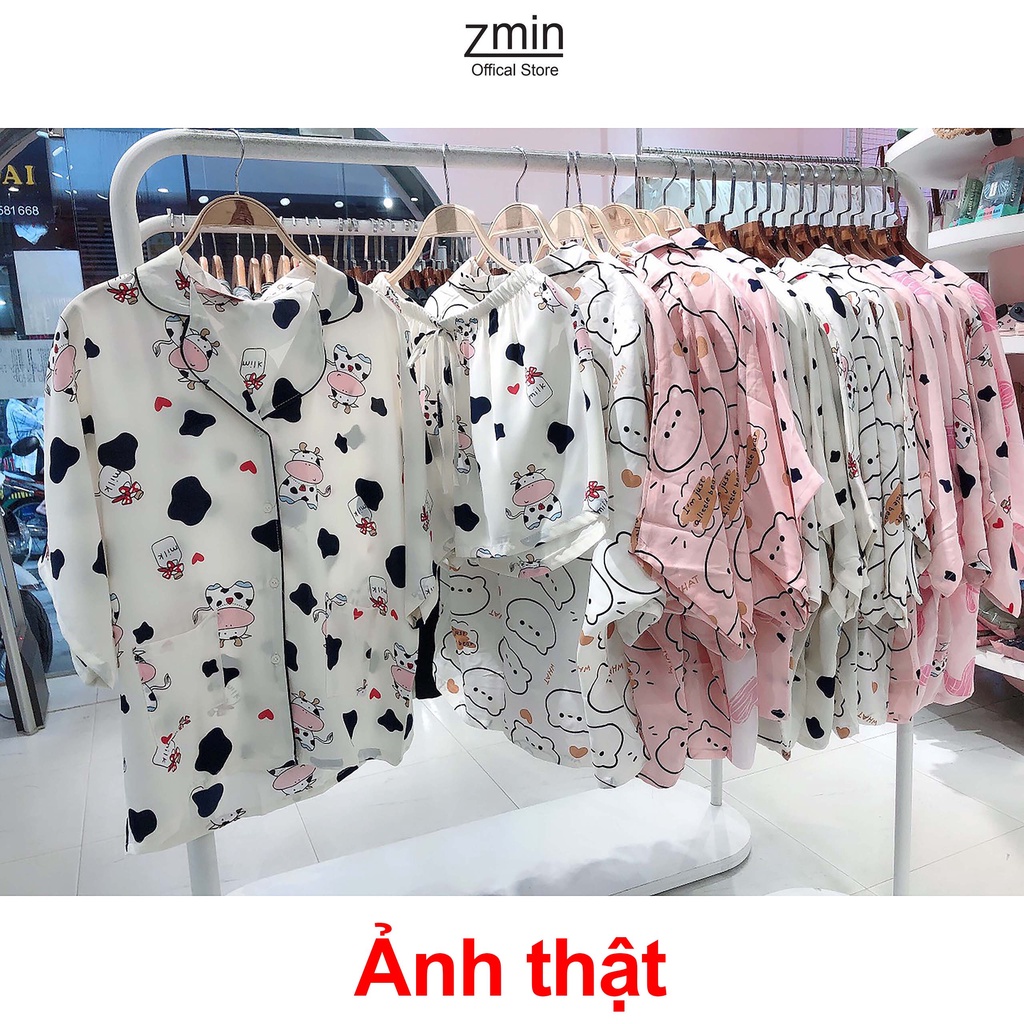 Sét pijama  đồ ngủ mặc ở nhà nữ hình bò sữa Zmin, chất liệu vải lụa cao cấp - A007