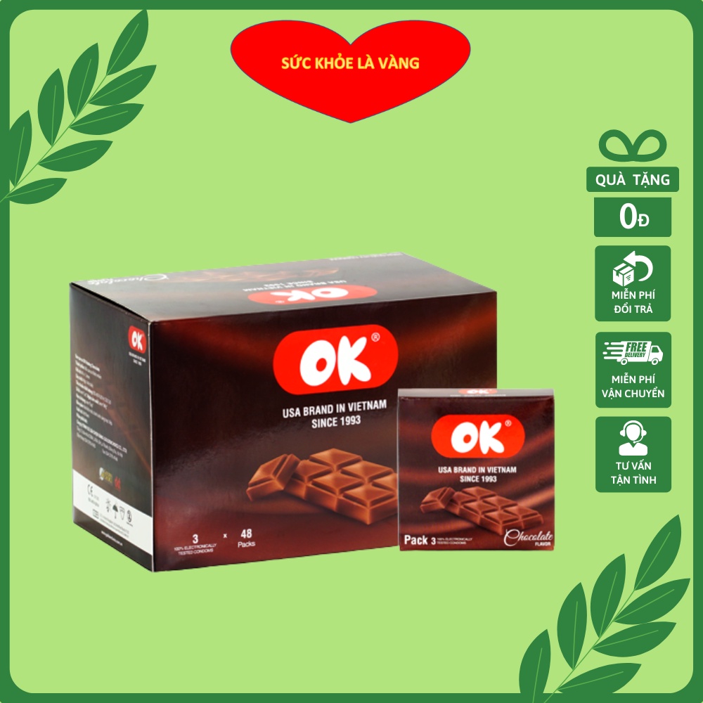 Bao cao su OK chocolate – Hộp lớn 144 cái (Hộp 3 cái x 48 hộp nhỏ) - Giá Rẻ - Hàng Việt Nam Chất Lượng Cao.