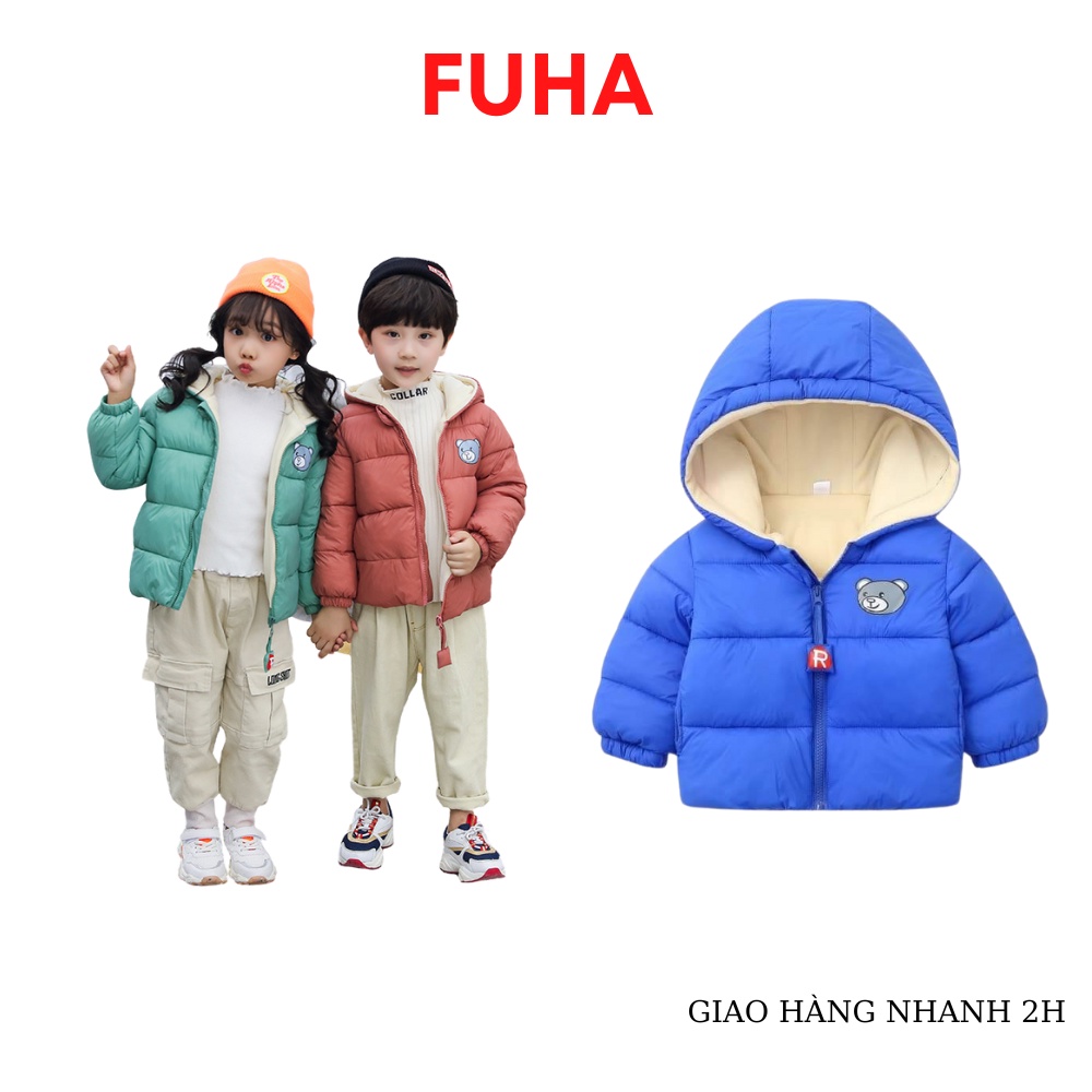 Áo phao thu đông 2022 cho bé FUHA, áo khoác họa tiết hình gấu giữ ấm cho bé từ 8- 19kg