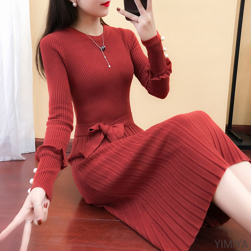 Knit Dress Women's Fashion Long Sleeve Wool Dress