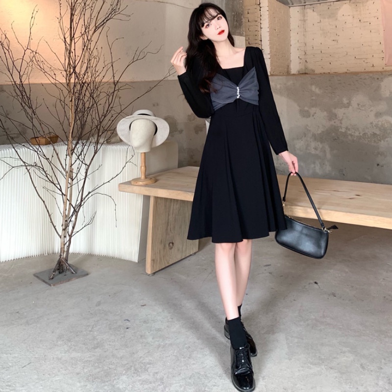 Đầm Midi đen phối lưới phong cách Hàn Quốc thanh lịch