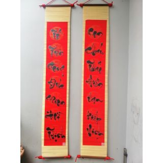 Câu đối thư pháp tổ tiên. câu đối mành tre kích thước 20cm x 130cm. Quà tết.