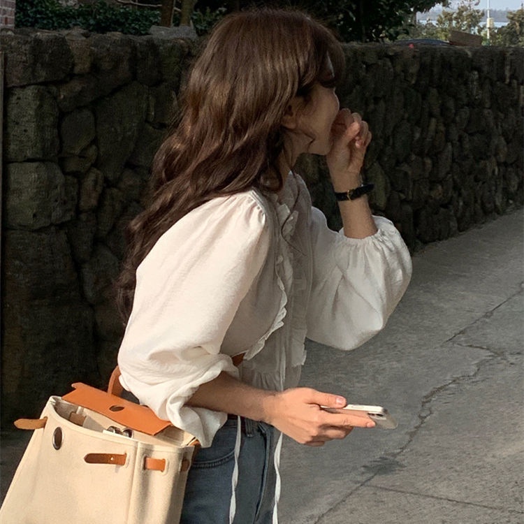 Áo Sơ Mi Phối Ren Màu Trắng Ngọt Ngào Phong Cách Hàn Quốc