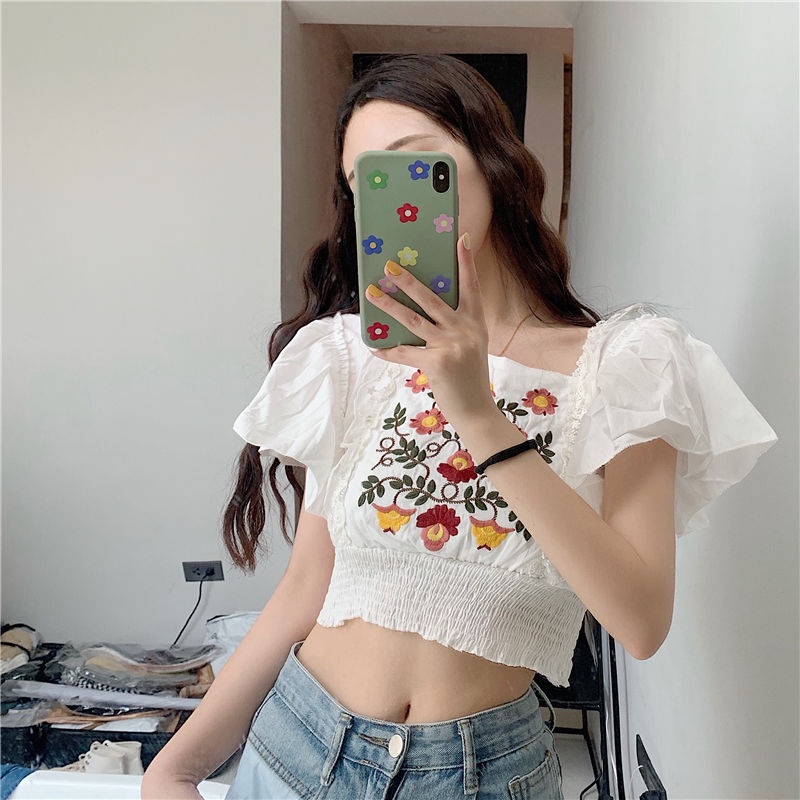 Bán Chạy!Áo Kiểu Cổ Vuông Tay Ngắn Viền Xếp Nếp Thêu Họa Tiết Phong Cách Cổ Điển Thời Trang Mùa Hè Phong Cách Hàn Quốc Cho Nữ
