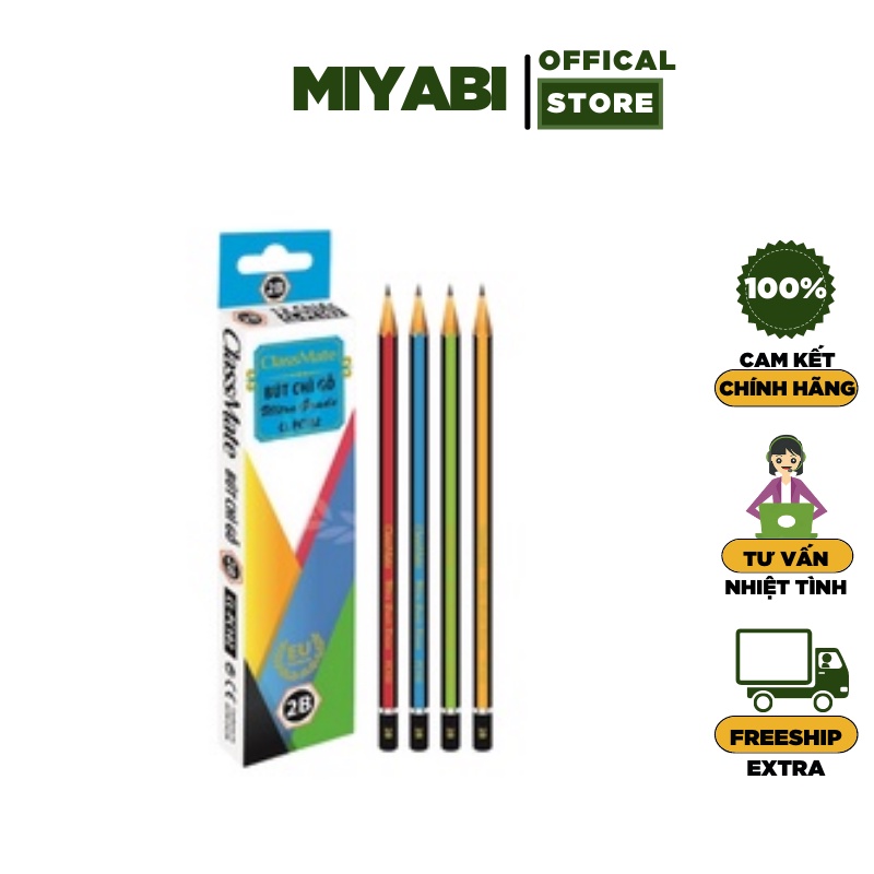 Bút chì gỗ 2b CLASSMATE CL-PC102 hộp 12 cái có tẩy - ngòi mềm - Bút chì văn phòng phẩm - MIYABI STORE