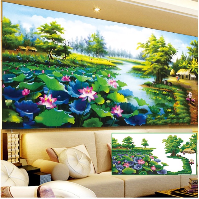 Tranh đính đá phong cảnh đầm sen yên bình 150x75cm