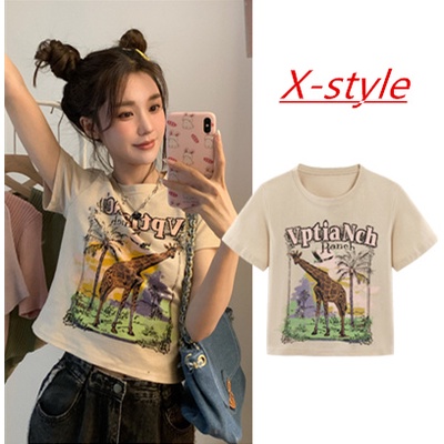 Áo thun tay ngắn dáng ôm in họa tiết kiểu retro Mỹ độc đáo thời trang