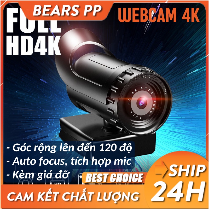Webcam có giá đỡ 4K tự động lấy nét có tích hợp micro chống ồn cho máy tính