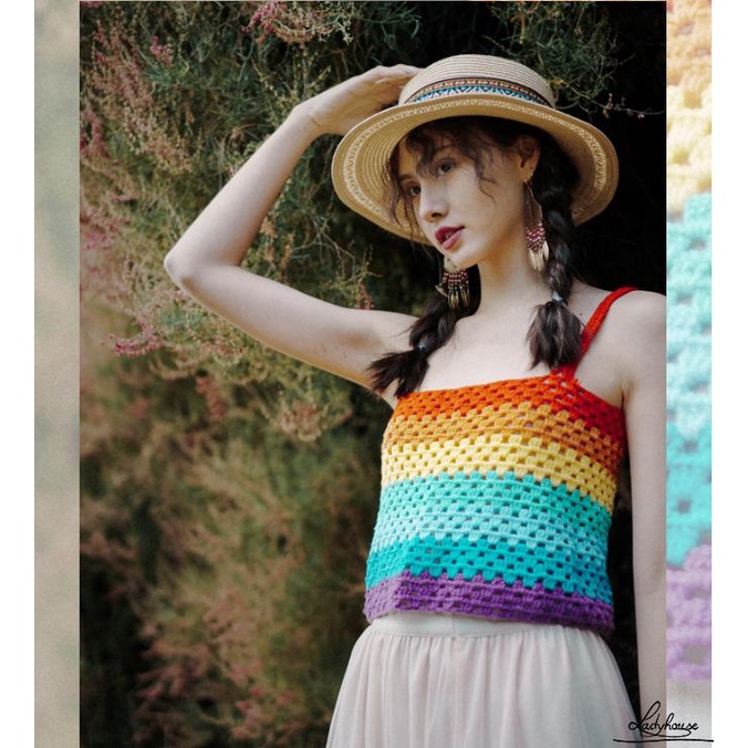 Áo Hai Dây Dệt Thủ Công Màu Sắc Tương Phản Thời Trang Mùa Hè Cho Nữ