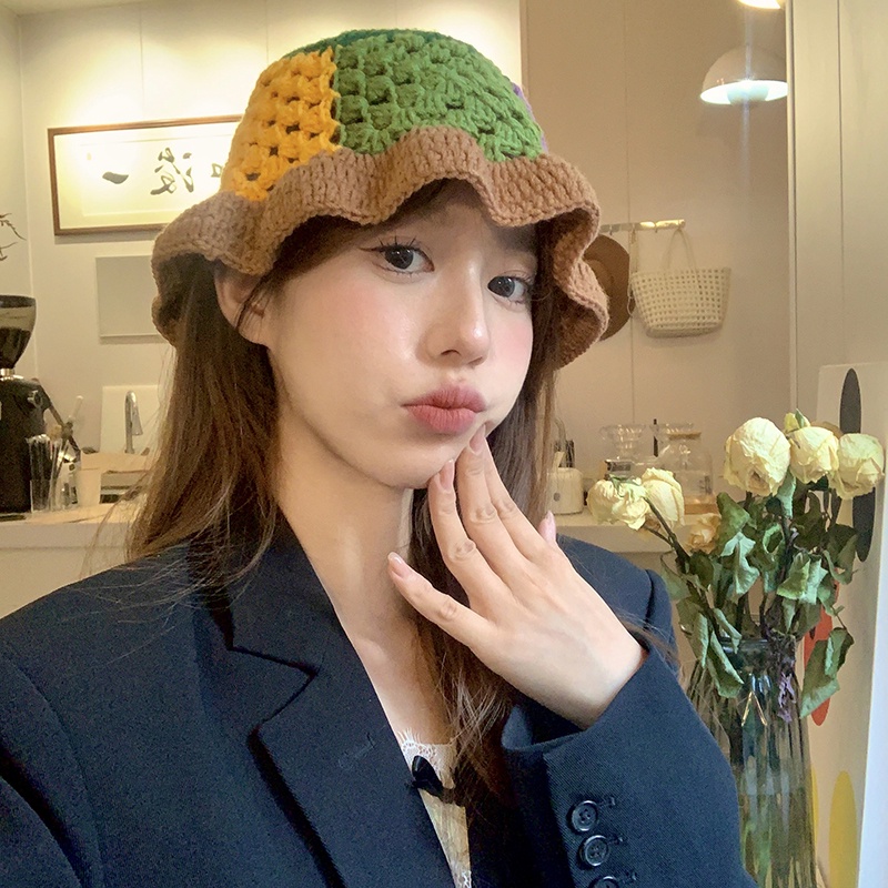 Mũ Bucket Dệt Kim Tay Bèo Màu Sắc Tương Phản Phong Cách Nhật Bản Thời Trang Thu Đông Cho Nữ