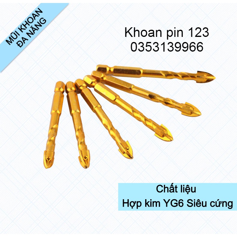 Combo 4 Mũi khoan đa năng chuôi lục giác đầu chữ Thập size 6-8-10-12mm màu vàng