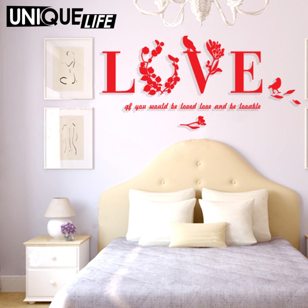 Sticker Gương Dán Tường 3d Hình Lá Và Chữ Love