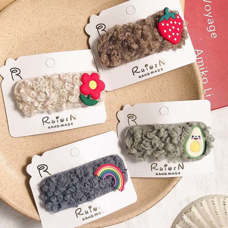Kẹp tóc lông cừu màu sắc đơn giản phong cách Hàn Quốc cho nữ