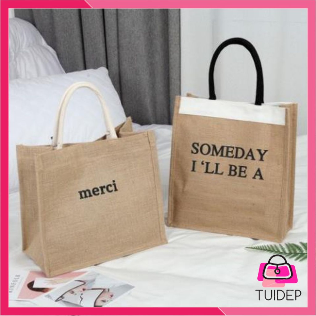 Túi cói vintage đi biển Merci - SOMEDAY xách tay nữ size lớn vải bố lanh cao cấp Hàn Quốc siêu hot 2021 Tuidepstore
