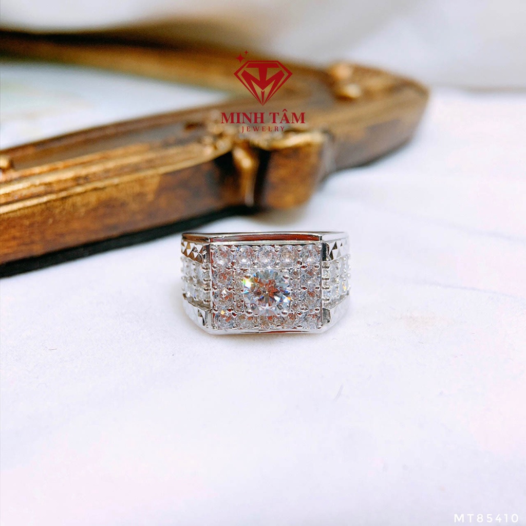 Nhẫn nam bạc xi kim gắn đá full nửa nhẫn đá chủ 5 ly bạc 950 Minh Tâm Jewelry