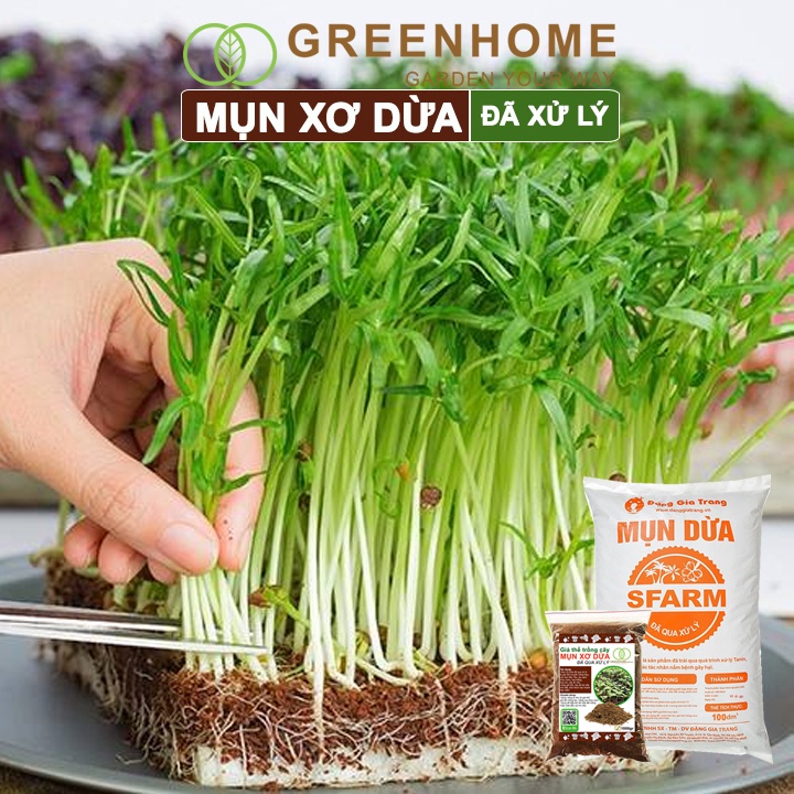 Mụn xơ dừa đã qua xử lý sfarm Greenhome, bao 1kg, chuyên trồng rau, hoa màu, dâu tây, cây ăn trái, thủy canh