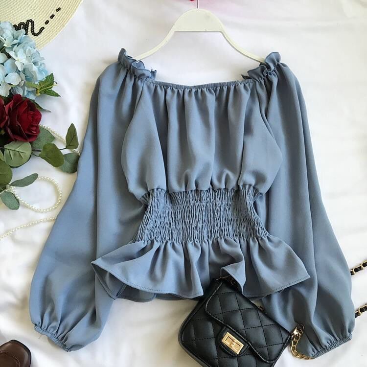 Korean women's chiffon blouse with long sleeves and off shoulder style