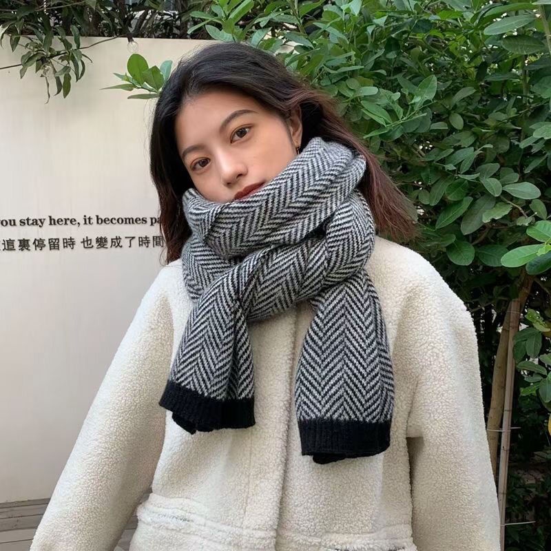 Khăn Choàng Cổ Mùa Đông Phiên Bản Hàn Quốc Dày Dặn Họa Tiết Xương Cá Đơn Giản Dễ Phối Đồ Cho Cặp Đôi ins M