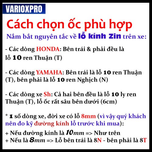 Ốc nối chân gương cao lên - chuyển ren chân kính đủ size - đủ loại xe - có hướng dẫn chi tiết