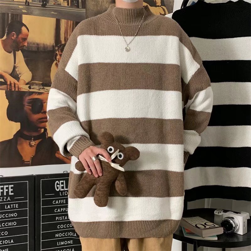 Áo sweater cổ lọ dáng rộng kẻ sọc thoáng mát trẻ trung dành cho nam M-3XL