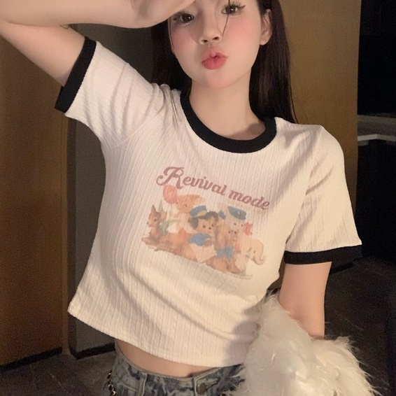 Áo kiểu ZHELIHANGFEI vải dệt kim ngắn tay in họa tiết xinh xắn theo phong cách Mỹ