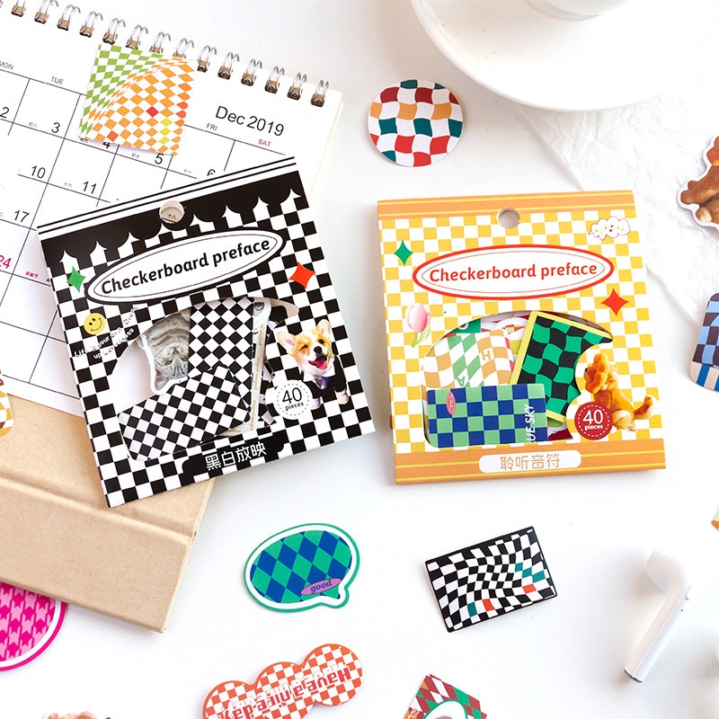 Sticker hình dán trang trí sổ tay, điện thoại, mũ bảo hiểm.. style retro, hoạ tiết caro lạ mắt