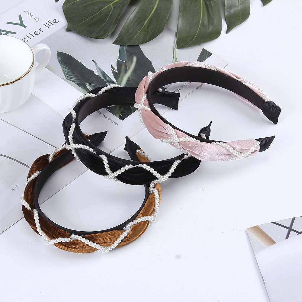 Băng đô nhung đính ngọc trai giả phong cách Hàn Quốc