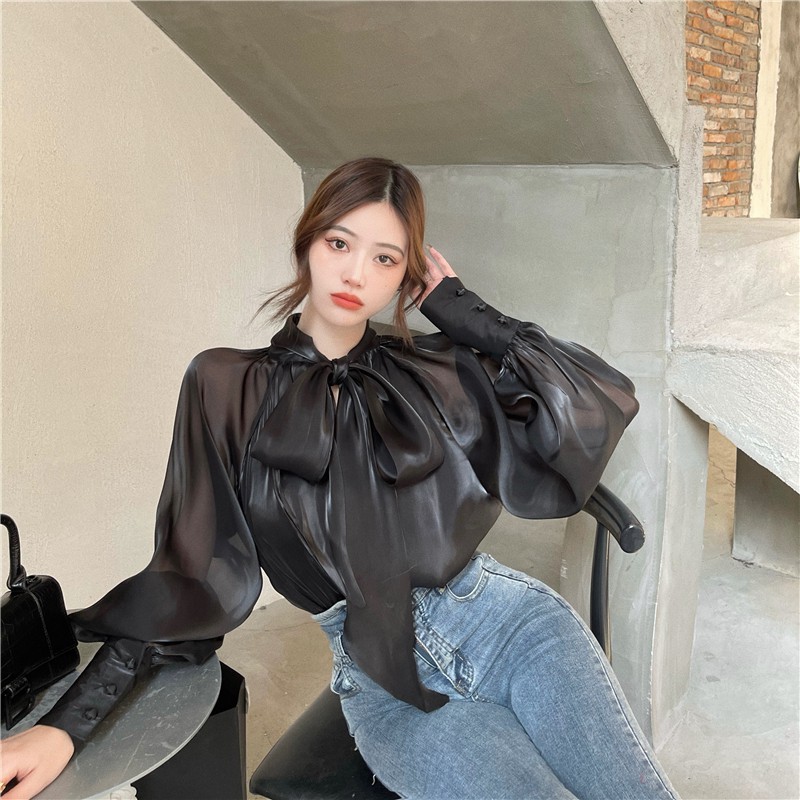 Áo Sơ Mi Voan Óng Cột Nơ Cổ Độc Đáo Phong Cách Hàn Quốc Cực Xinh Cho Nữ