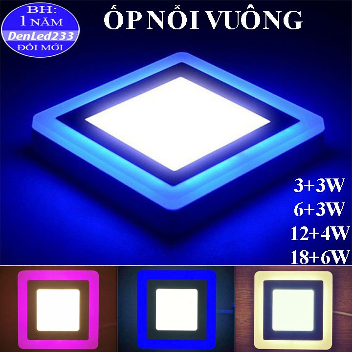 ĐÈN MÂM LED ỐP NỔI VUÔNG 6W 9W 16W 24W. VIỀN XANH, HỒNG, VÀNG