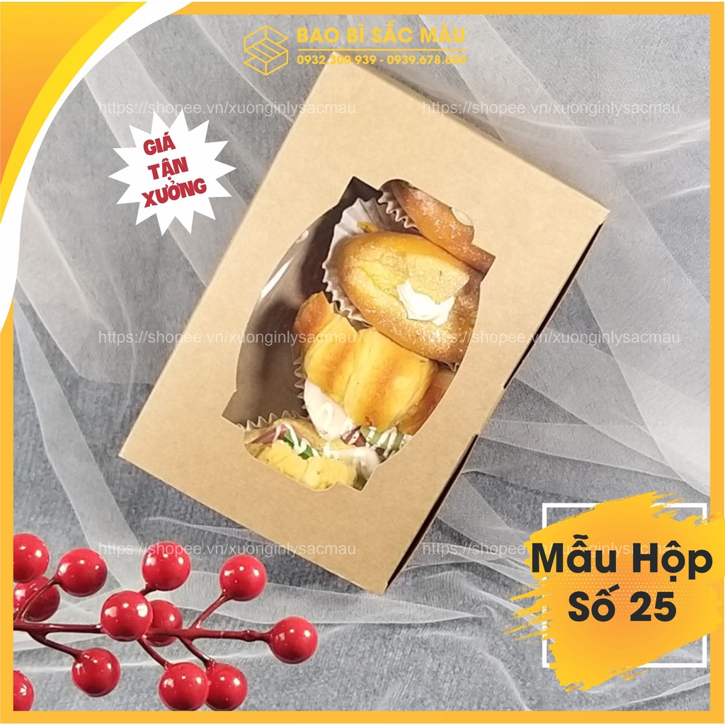 5 Hộp giấy kraft nắp ngang có mặt kính đựng đồ ăn, thực phẩm khô sạch sẽ, xinh xắn, sang trọng - Mẫu hộp 25