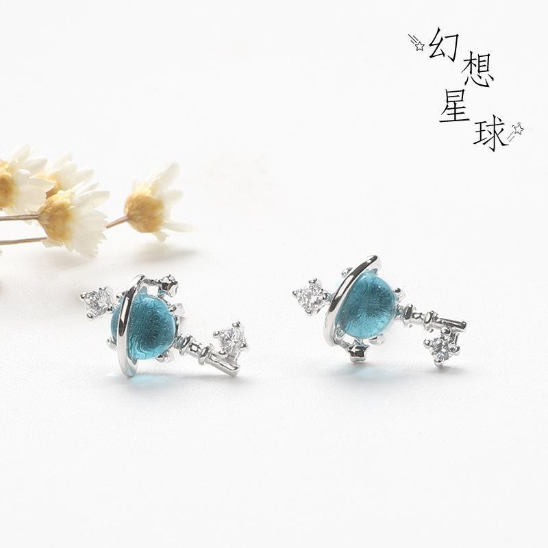 Khuyên tai hành tinh xanh bông tai bạc phụ kiện nam nữ phong cách Hàn Quốc Unisex