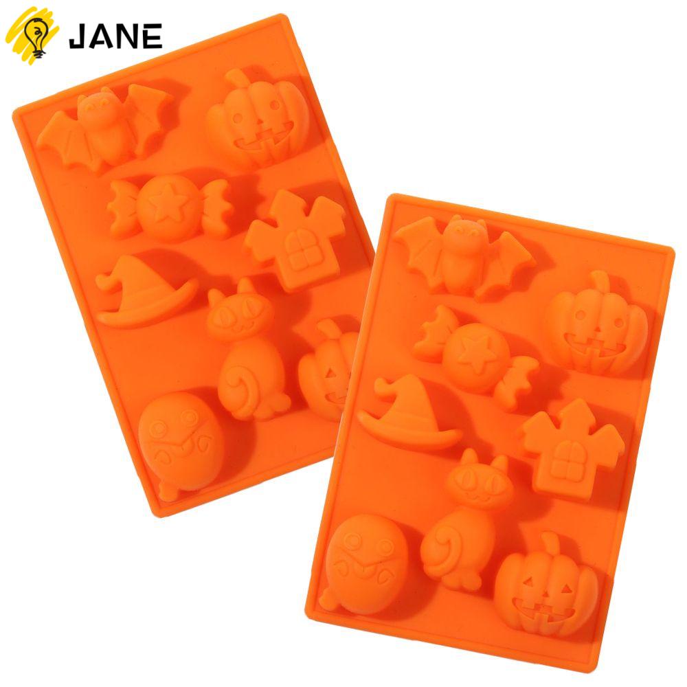 JANE 2Pcs DIY Broom Pumpkin Ghost Bat Witch Cat Shape Christmas Holiday Cake Decorating Tools Halloween Chocolate Mold Fondant Decoration Silicone Baking 8 Cavities Cake Mold