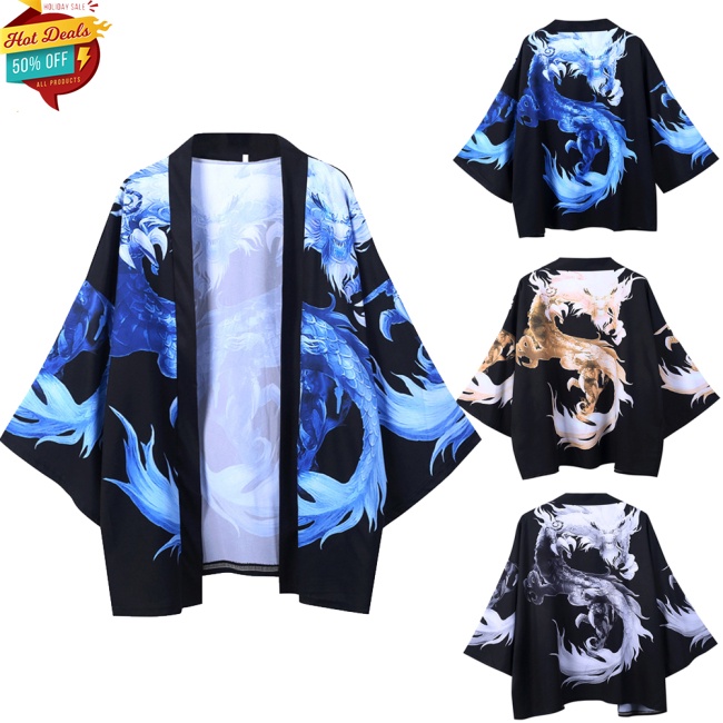 COD HOT Men Women Cardigan Robe Chinese Dragon Kimono Summer Loose 3/4 Sleeve Sun Protection Garments
