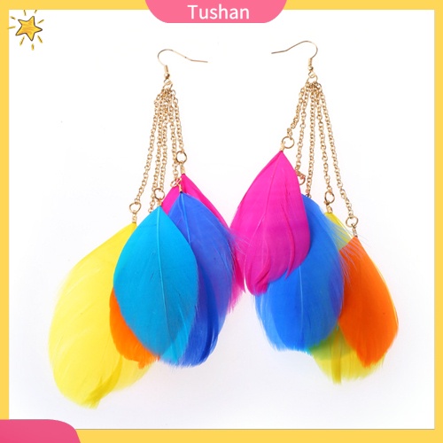 Khuyên Tai Lông Vũ Màu Sắc Tương Phản Phong Cách Bohemian